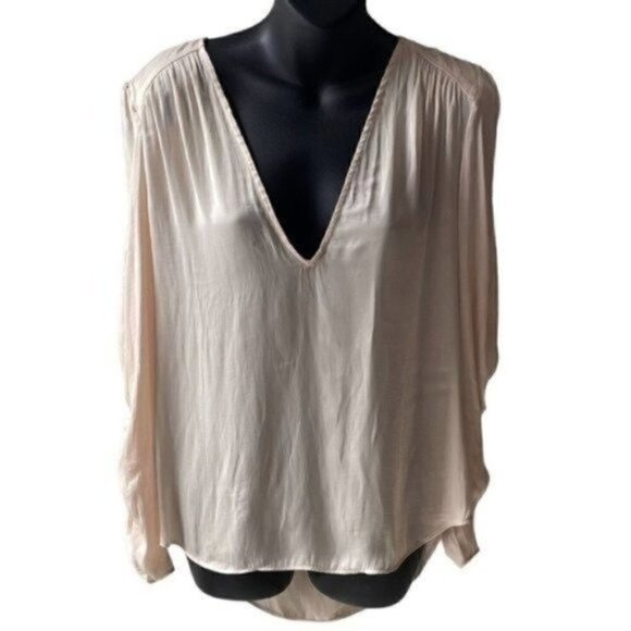 Free People V-Neck Long Sleeve With Rouching Puff Shoulder Pale Peach Women’s S - Picture 1 of 9